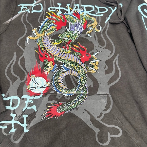 Ed Hardy Men’s Hoodie Sweater Dragon Print Print Sz S Charcoal Color NWT - Picture 6 of 6